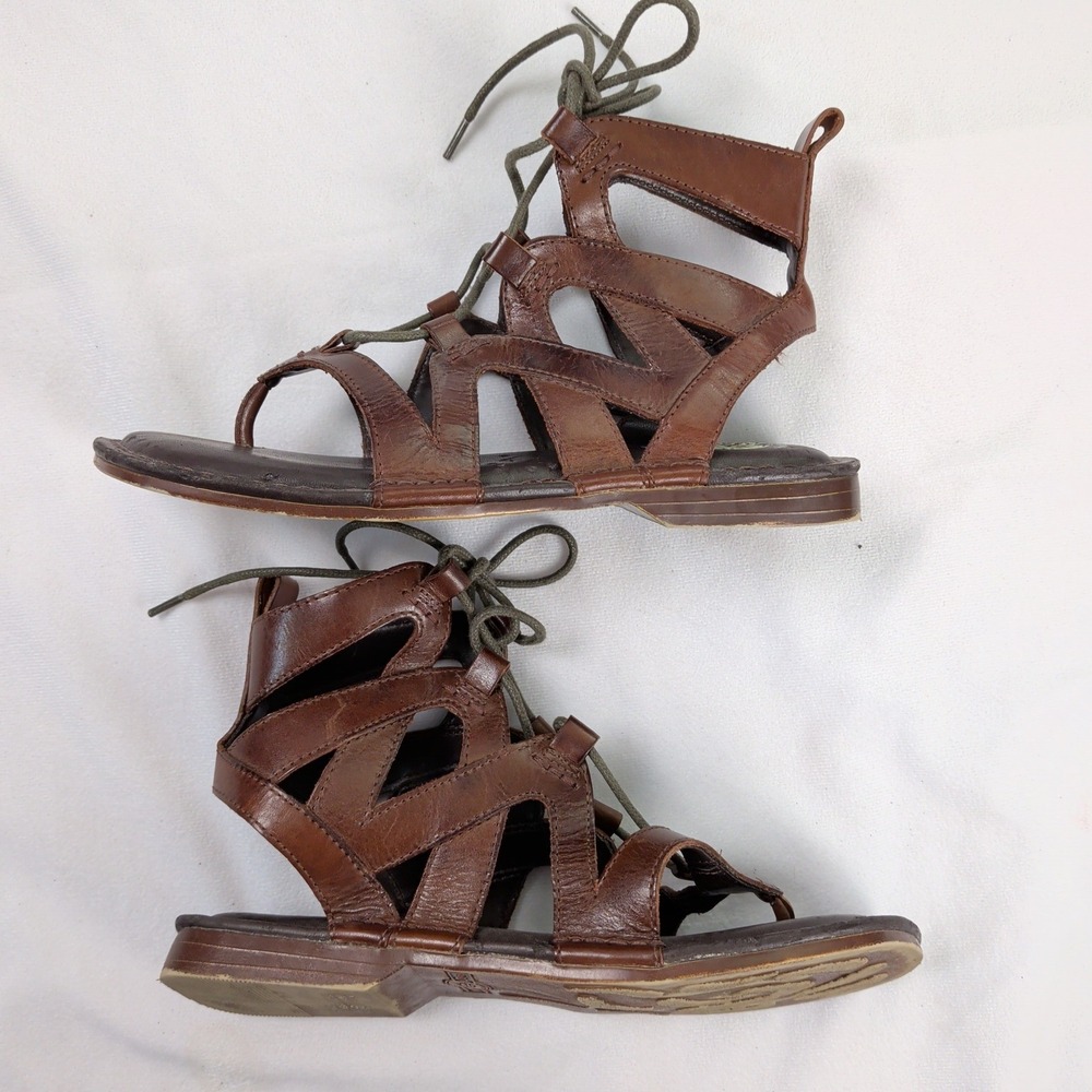 Brown Leather Gladiator Sandals Lace Up Women 6.5 Earth Shoe Boho Granola Girl